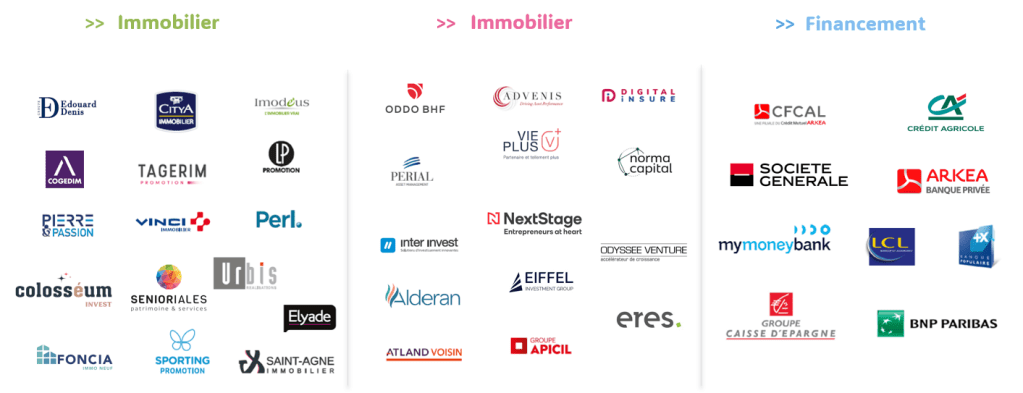 Logos d'entreprises dans les secteurs de l'immobilier et du financement, regroupés en trois colonnes.